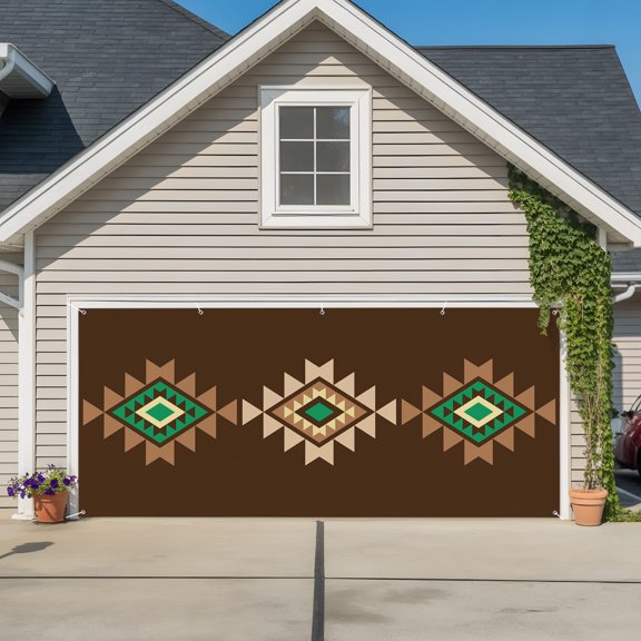 Garage Door Banner Brown Aztec Lattice Geometric Garage Door Banner Cover for Outdoor Indoor, Ethnic Style Large Backdrop Banners 6.9x16ft