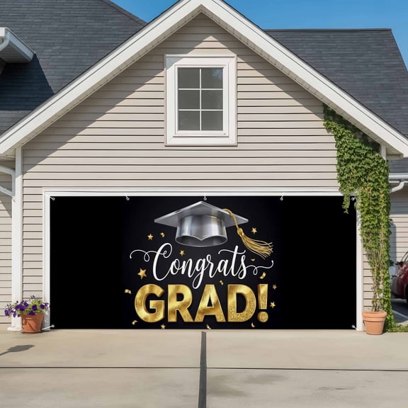 Garage Door Banner Cartoon Bachelor's Hat Star Garage Door Banner Cover for Outdoor Indoor, Congrats Grad Quote Large Backdrop Banners 6.9x16ft
