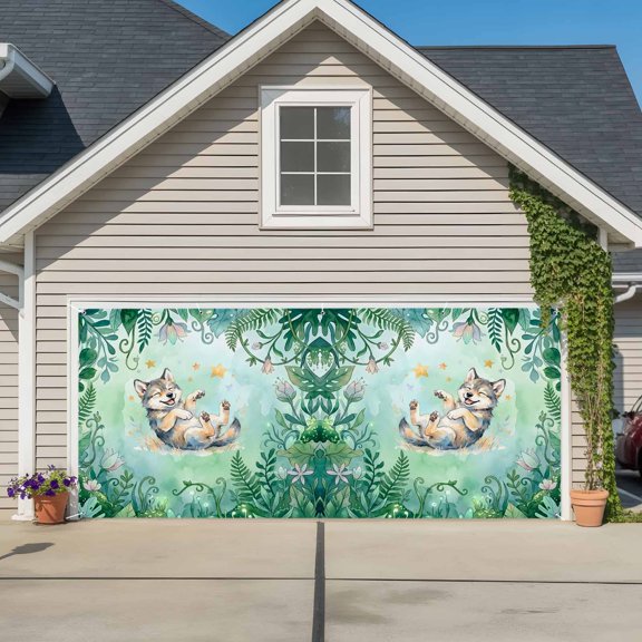 Garage Door Banner Cartoon Cute Wolf Stars Garage Door Banner Cover for Outdoor Indoor, Forest Green Leaf Flower Plant Large Backdrop Banners 6.9x16ft