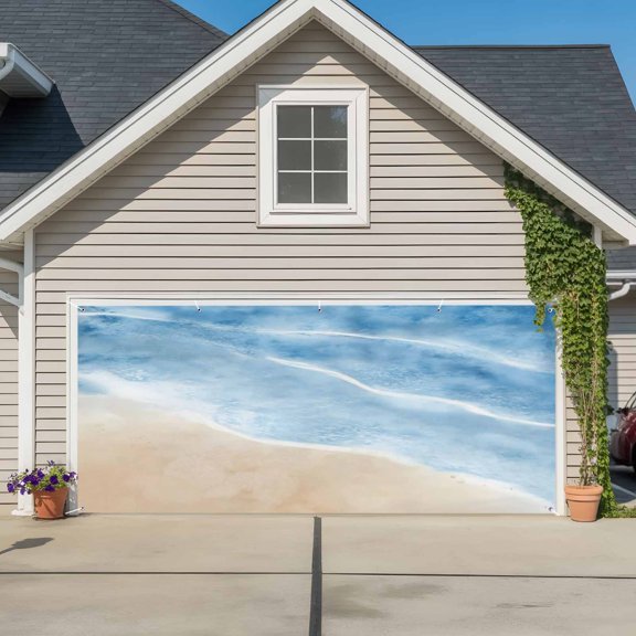 Garage Door Banner Coastal Ocean Wave Seaside Garage Door Banner Cover for Outdoor Indoor, Beach Navy Blue Water Ripple Large Backdrop Banners 6.9x16ft
