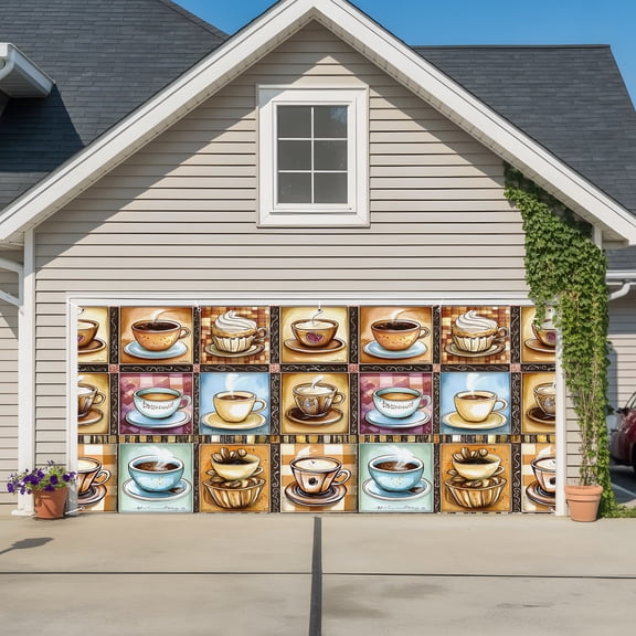 Garage Door Banner Coffee Cake Dessert Food Garage Door Banner Cover for Outdoor Indoor, Retro Collage Art Large Backdrop Banners 6.9x16ft