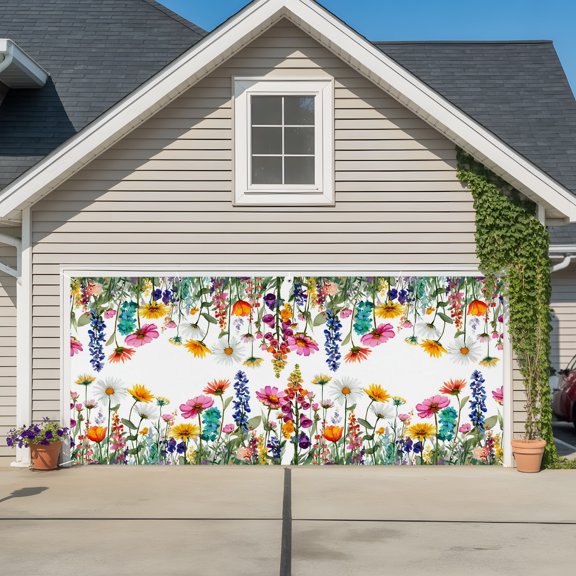 Garage Door Banner Country Colorful Wildflower Herb Garage Door Banner Cover for Outdoor Indoor, Summer Blossom Floral Large Backdrop Banners 6.9x16ft