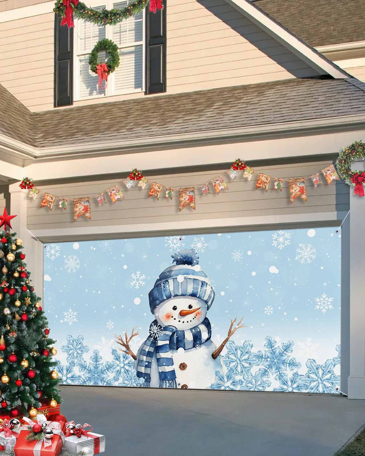 Garage Door Banner Cover 6 x 13 ft, Blue Christmas Snowman Striped Cap and Scarf Snowflake Christmas Garage Door Decorations Holiday Christmas Backdrop Decor for Winter New Year Xmas Party