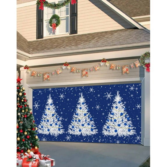 Garage Door Banner Cover 6 x 13 ft, Christmas Ball White Xmas Tree Snowflake Blue Christmas Garage Door Decorations Holiday Christmas Backdrop Decor for Winter New Year Xmas Party