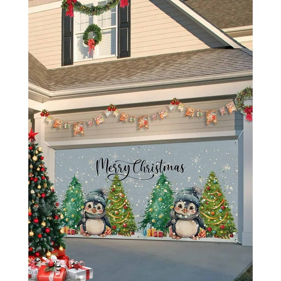 Garage Door Banner Cover 6 x 13 ft, Christmas Cute Penguin Xmas Tree Snowflake Blue Christmas Garage Door Decorations Holiday Christmas Backdrop Decor for Winter New Year Xmas Party