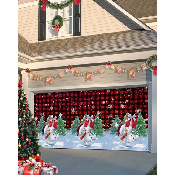 Garage Door Banner Cover 6 x 13 ft, Christmas Cute Snowman Hold Gift Xmas Tree Red Plaid Christmas Garage Door Decorations Holiday Christmas Backdrop Decor for Winter New Year Xmas Party
