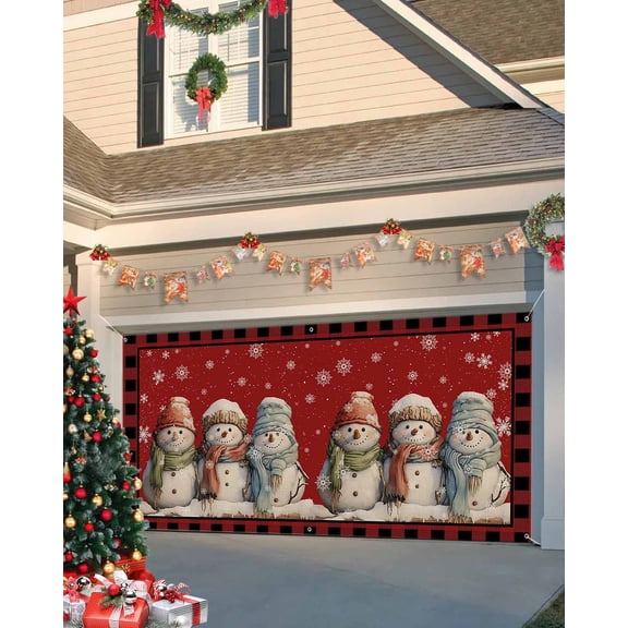 Garage Door Banner Cover 6 x 13 ft, Christmas Cute Snowman Red Buffalo Plaid Border Christmas Garage Door Decorations Holiday Christmas Backdrop Decor for Winter New Year Xmas Party