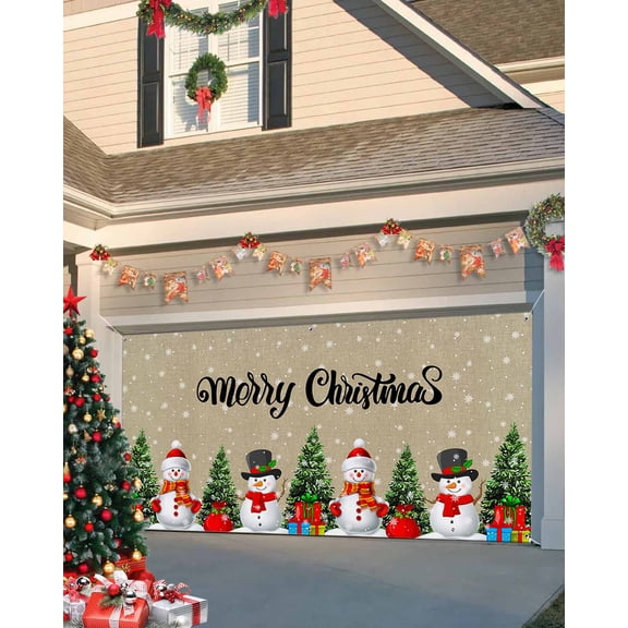Garage Door Banner Cover 6 x 13 ft, Christmas Cute Snowman Xmas Tree Gift Retro Linen Christmas Garage Door Decorations Holiday Christmas Backdrop Decor for Winter New Year Xmas Party