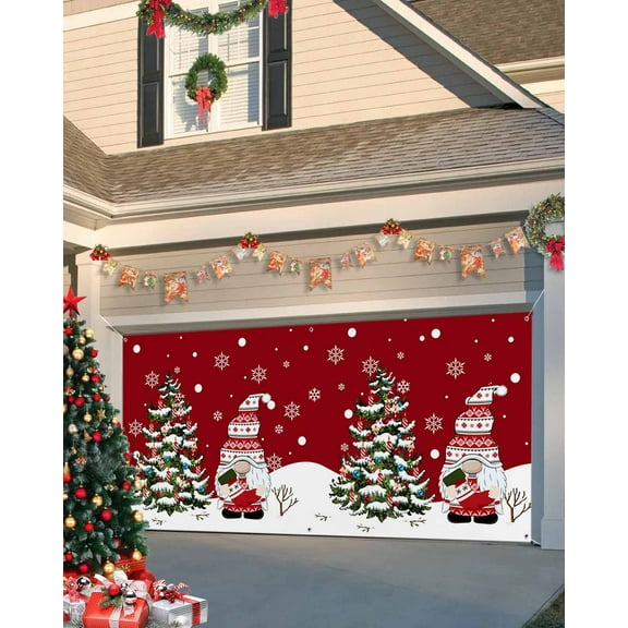 Garage Door Banner Cover 6 x 13 ft, Christmas Gnome Xmas Tree Snowflake Red Texture Christmas Garage Door Decorations Holiday Christmas Backdrop Decor for Winter New Year Xmas Party