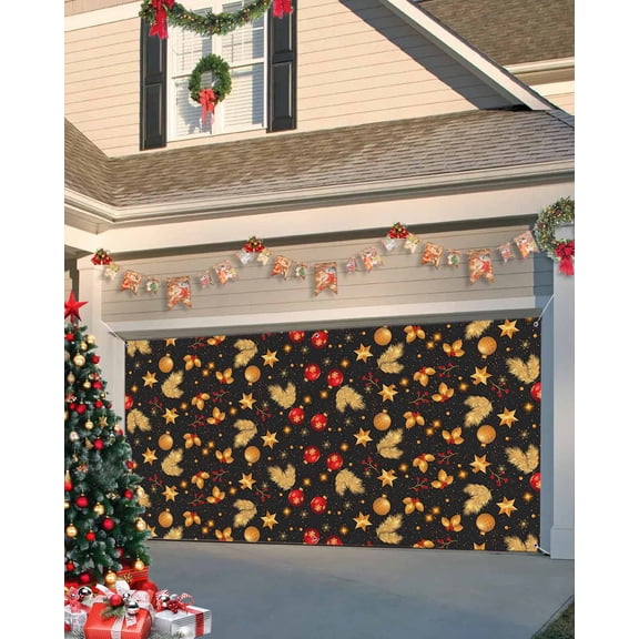 Garage Door Banner Cover 6 x 13 ft, Christmas Golden Pine Branch with Lamp Christmas Garage Door Decorations Holiday Christmas Backdrop Decor for Winter New Year Xmas Party