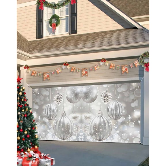 Garage Door Banner Cover 6 x 13 ft, Christmas Gray Xmas Balls Christmas Garage Door Decorations Holiday Christmas Backdrop Decor for Winter New Year Xmas Party