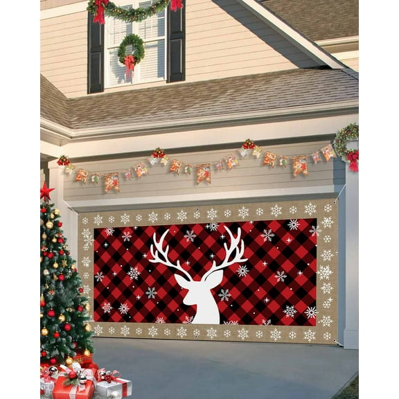 Garage Door Banner Cover 6 x 13 ft, Christmas Moose Winter Snowflake Buffalo Plaid Christmas Garage Door Decorations Holiday Christmas Backdrop Decor for Winter New Year Xmas Party