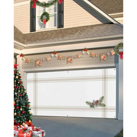 Garage Door Banner Cover 6 x 13 ft, Christmas Pine Cones Vintage French Stripes Christmas Garage Door Decorations Holiday Christmas Backdrop Decor for Winter New Year Xmas Party
