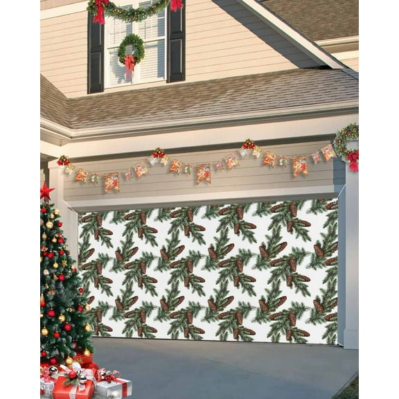 Garage Door Banner Cover 6 x 13 ft, Christmas Pine and Pine Cones in Winter White Background Christmas Garage Door Decorations Holiday Christmas Backdrop Decor for Winter New Year Xmas Party
