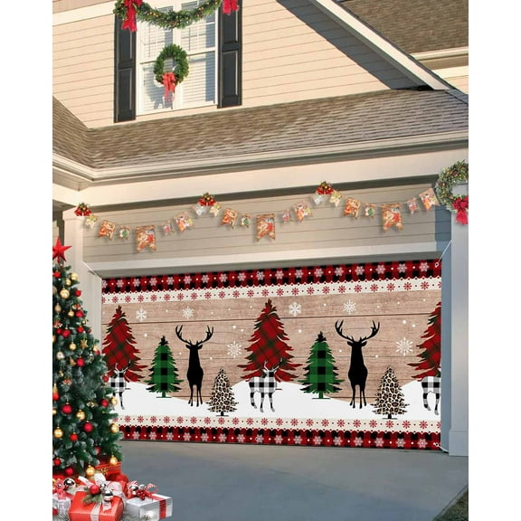 Garage Door Banner Cover 6 x 13 ft, Christmas Red Black Plaid Reindeer Xmas Tree Wood Grain Christmas Garage Door Decorations Holiday Christmas Backdrop Decor for Winter New Year Xmas Party