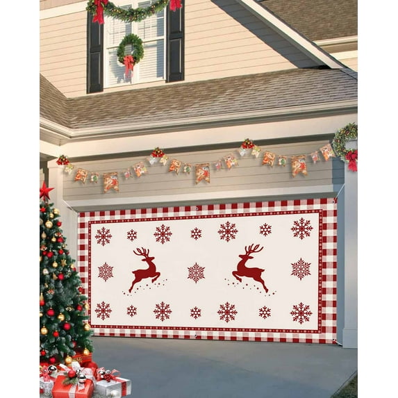 Garage Door Banner Cover 6 x 13 ft, Christmas Red Snowflake and Elk Christmas Garage Door Decorations Holiday Christmas Backdrop Decor for Winter New Year Xmas Party