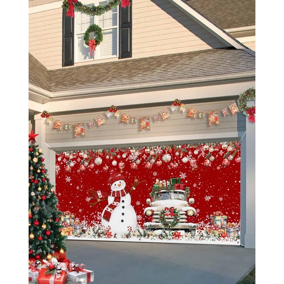 Garage Door Banner Cover 6 x 13 ft, Christmas Red Snowman Balls Poinsettia Flower Wreath Truck Christmas Garage Door Decorations Holiday Christmas Backdrop Decor for Winter New Year Xmas Party