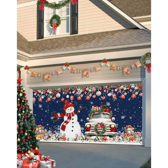 Garage Door Banner Cover 6 x 13 ft, Christmas Red Snowman Balls Poinsettia Truck Navy Blue Christmas Garage Door Decorations Holiday Christmas Backdrop Decor for Winter New Year Xmas Party