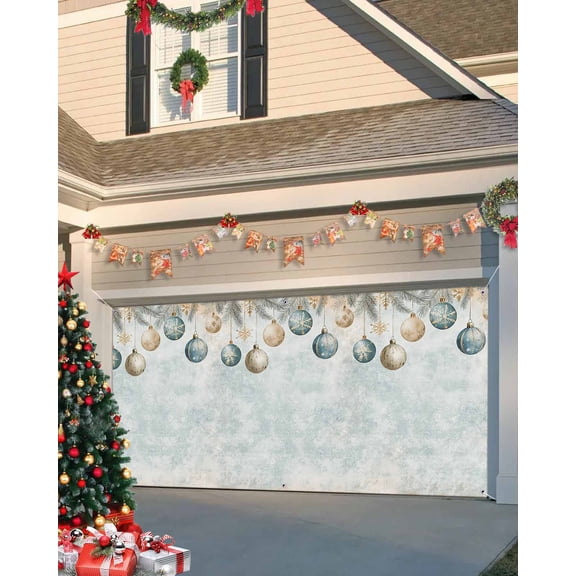 Garage Door Banner Cover 6 x 13 ft, Christmas Rustic Watercolor Christmas Balls Snowflake Pattern Christmas Garage Door Decorations Holiday Christmas Backdrop Decor for Winter New Year Xmas Party