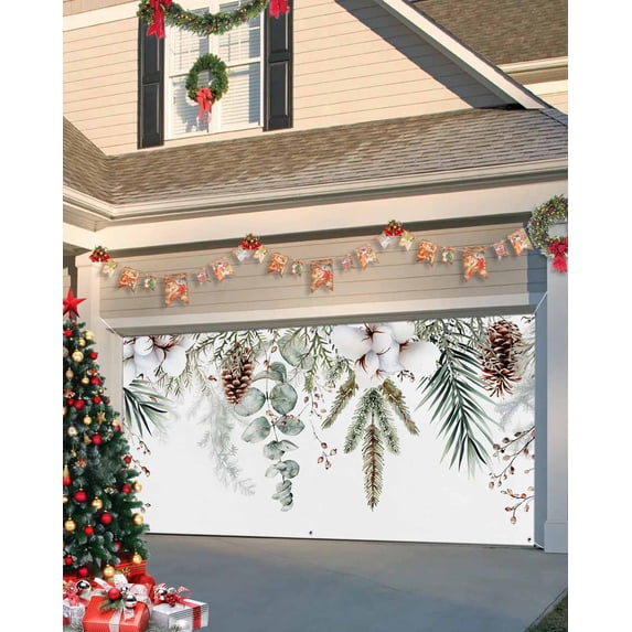 Garage Door Banner Cover 6 x 13 ft, Christmas Sage Green Eucalyptus Leaf Pine Cone Christmas Garage Door Decorations Holiday Christmas Backdrop Decor for Winter New Year Xmas Party