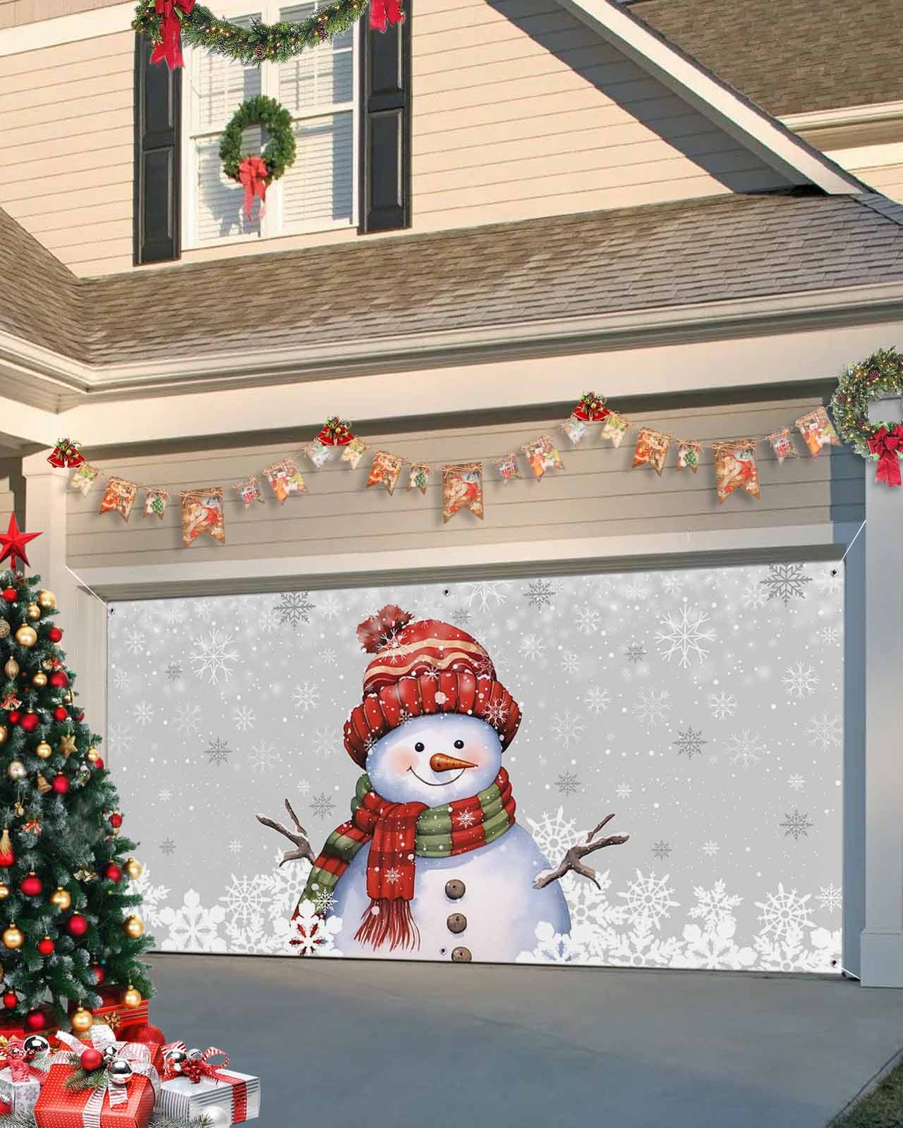 Garage Door Banner Cover 6 x 13 ft, Christmas Snowman with Cap Xmas Tree Snowflake Grey Christmas Garage Door Decorations Holiday Christmas Backdrop Decor for Winter New Year Xmas Party