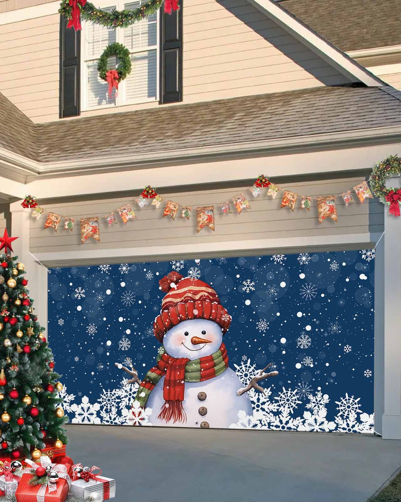 Garage Door Banner Cover 6 x 13 ft, Christmas Snowman with Cap Xmas Tree Snowflake Navy Blue Christmas Garage Door Decorations Holiday Christmas Backdrop Decor for Winter New Year Xmas Party