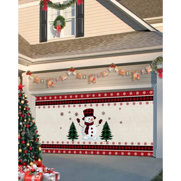Garage Door Banner Cover 6 x 13 ft, Christmas Snowman Snowflake Red and Black Buffalo Plaid Christmas Garage Door Decorations Holiday Christmas Backdrop Decor for Winter New Year Xmas Party