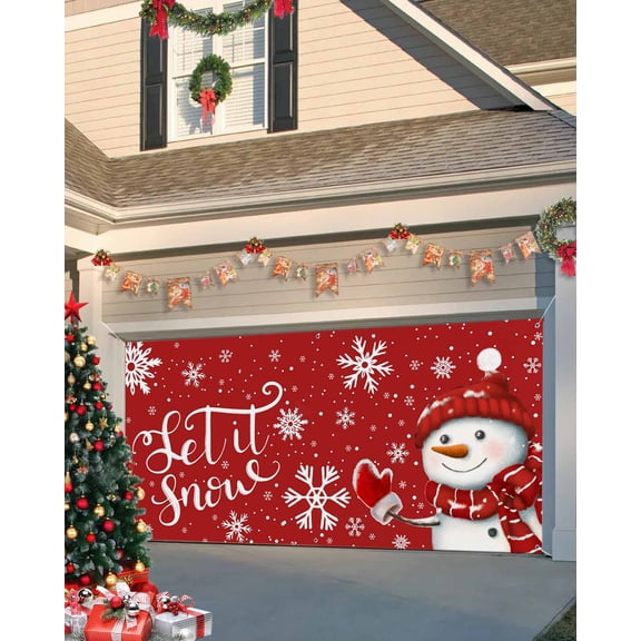 Garage Door Banner Cover 6 x 13 ft, Christmas Snowman Winter Showflake Red Christmas Garage Door Decorations Holiday Christmas Backdrop Decor for Winter New Year Xmas Party
