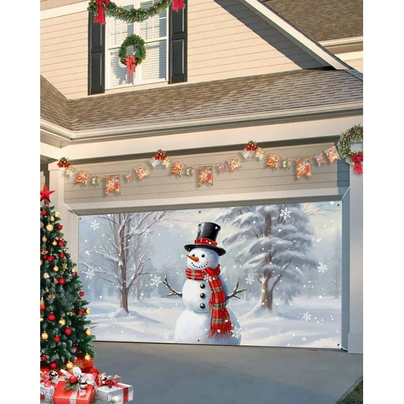 Garage Door Banner Cover 6 x 13 ft, Christmas Snowy Hat Snowman Christmas Garage Door Decorations Holiday Christmas Backdrop Decor for Winter New Year Xmas Party
