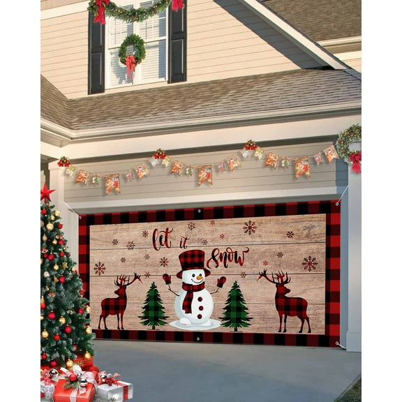 Garage Door Banner Cover 6 x 13 ft, Christmas Sowman Vintage Wood Grain Christmas Garage Door Decorations Holiday Christmas Backdrop Decor for Winter New Year Xmas Party