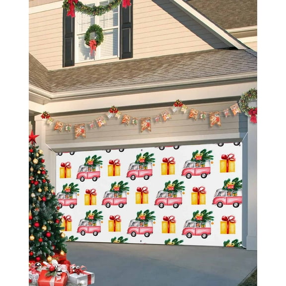 Garage Door Banner Cover 6 x 13 ft, Christmas Theme Truck Gift Watercolor Christmas Garage Door Decorations Holiday Christmas Backdrop Decor for Winter New Year Xmas Party