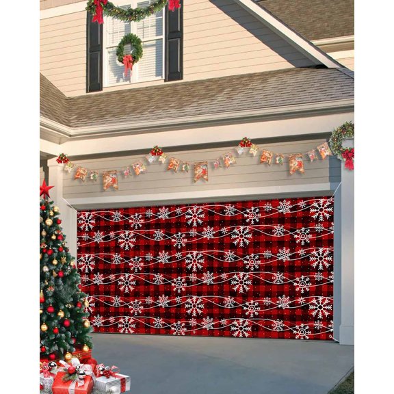 Garage Door Banner Cover 6 x 13 ft, Christmas Winter Snowflake on Red Plaid Christmas Garage Door Decorations Holiday Christmas Backdrop Decor for Winter New Year Xmas Party