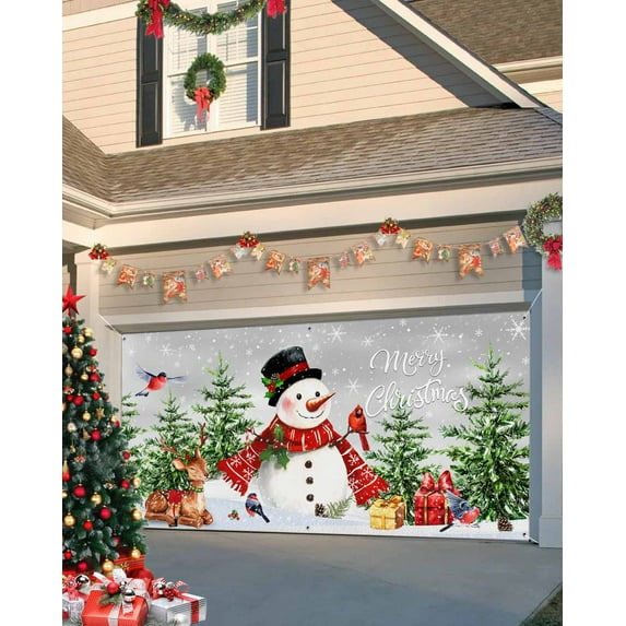 Garage Door Banner Cover 6 x 13 ft, Christmas Winter Snowman Snowflakes Christmas Tree Elk Gray Christmas Garage Door Decorations Holiday Christmas Backdrop Decor for Winter New Year Xmas Party
