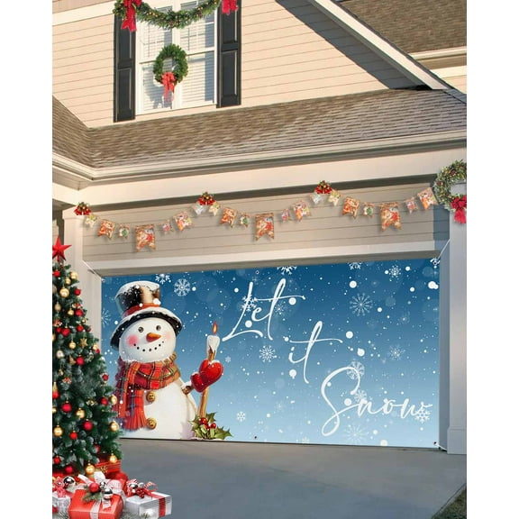 Garage Door Banner Cover 6 x 13 ft, Christmas Xmas Snowman Lights Snowflakes Red Blue Christmas Garage Door Decorations Holiday Christmas Backdrop Decor for Winter New Year Xmas Party