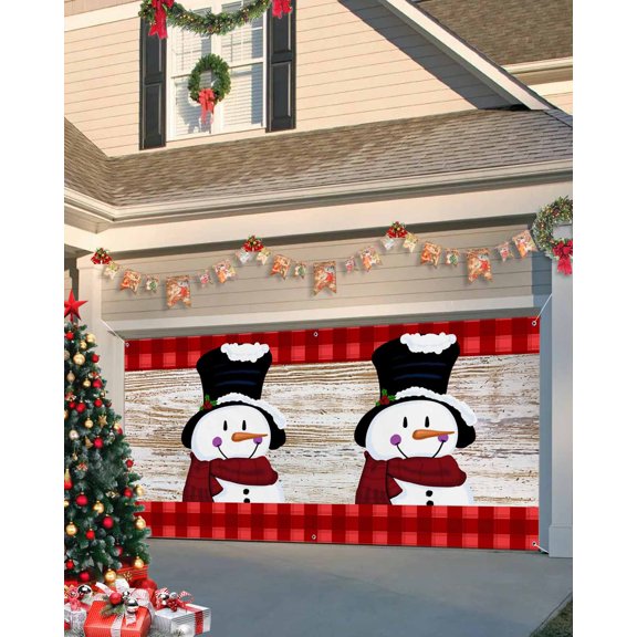 Garage Door Banner Cover 6 x 13 ft, Cute Christmas Snowman on Rustic Wooden Board Christmas Garage Door Decorations Holiday Christmas Backdrop Decor for Winter New Year Xmas Party