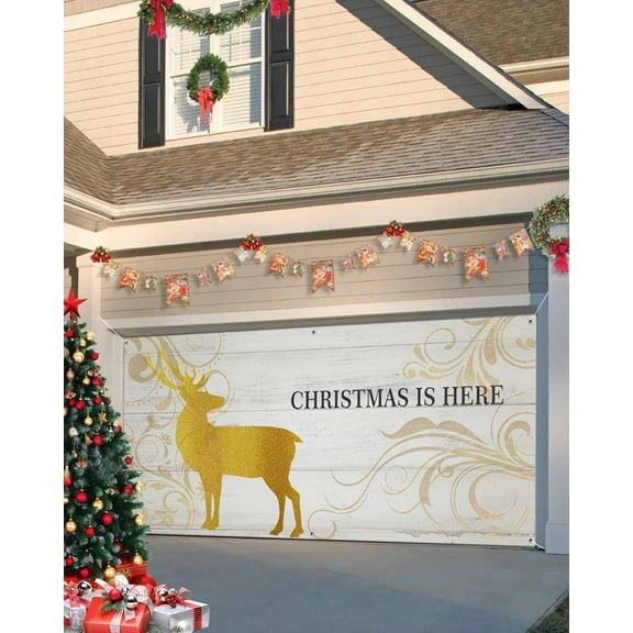 Garage Door Banner Cover 6 x 13 ft, Deer Christmas is Here Christmas Garage Door Decorations Holiday Christmas Backdrop Decor for Winter New Year Xmas Party