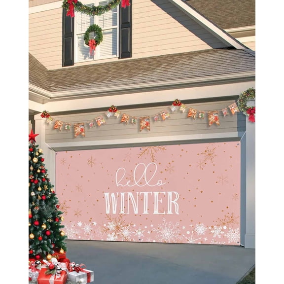 Garage Door Banner Cover 6 x 13 ft, Hello Winter Christmas Snowflake Pink Christmas Garage Door Decorations Holiday Christmas Backdrop Decor for Winter New Year Xmas Party