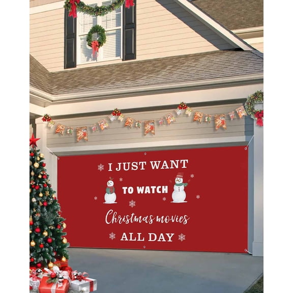 Garage Door Banner Cover 6 x 13 ft, I Just Want to Watch Christmas Movies All Day,Rustic Red Snowman Christmas Garage Door Decorations Holiday Christmas Backdrop Decor for Winter New Year Xmas Party