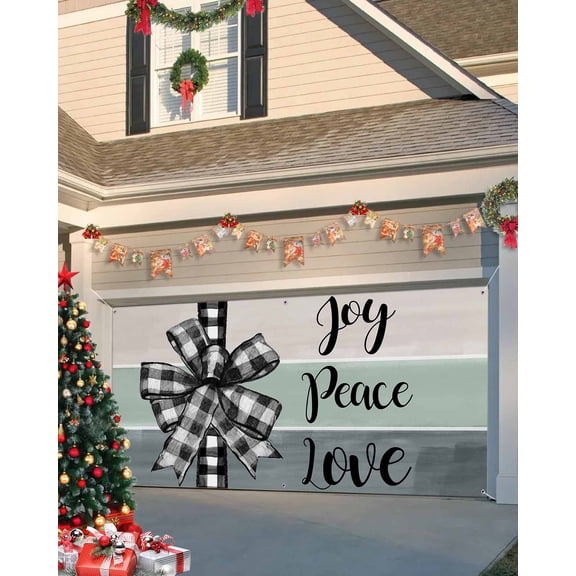 Garage Door Banner Cover 6 x 13 ft, Joy Peace Love Christmas Plaid Bow Grey Green Stripe Christmas Garage Door Decorations Holiday Christmas Backdrop Decor for Winter New Year Xmas Party
