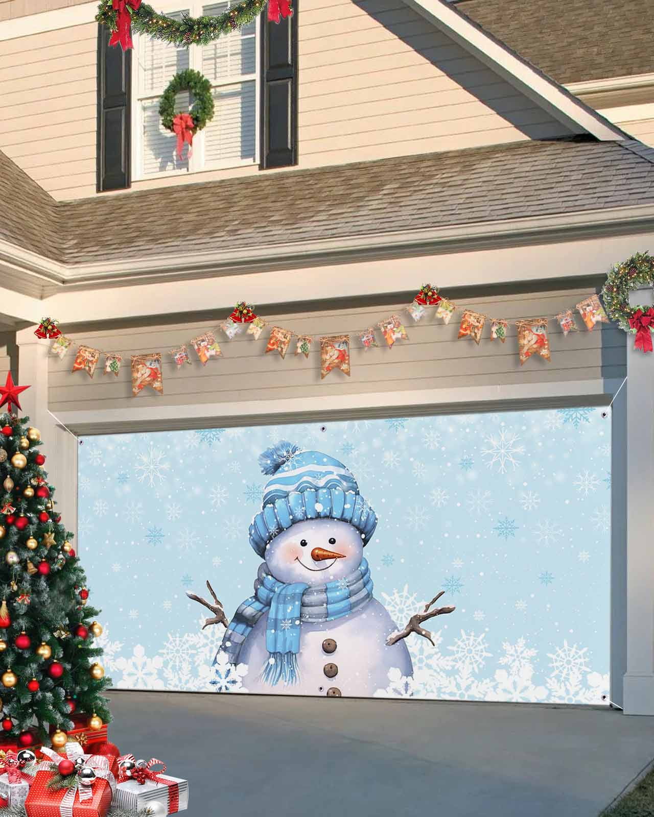 Garage Door Banner Cover 6 x 13 ft, Light Blue Christmas Snowman with Cap Xmas Tree Snowflake Christmas Garage Door Decorations Holiday Christmas Backdrop Decor for Winter New Year Xmas Party
