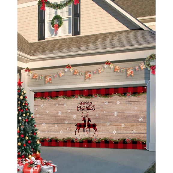 Garage Door Banner Cover 6 x 13 ft, Merry Christmas Buffalo Check Plaid Reindeer Rustic Wooden Christmas Garage Door Decorations Holiday Christmas Backdrop Decor for Winter New Year Xmas Party