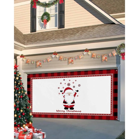 Garage Door Banner Cover 6 x 13 ft, Merry Christmas Gnome Elf Santa Claus Check Plaid Border Christmas Garage Door Decorations Holiday Christmas Backdrop Decor for Winter New Year Xmas Party