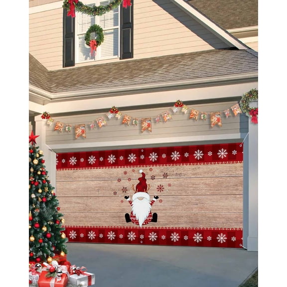 Garage Door Banner Cover 6 x 13 ft, Merry Christmas Gnome Xmas Elf on Rustic Wood Grain Christmas Garage Door Decorations Holiday Christmas Backdrop Decor for Winter New Year Xmas Party