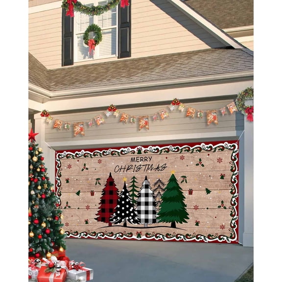 Garage Door Banner Cover 6 x 13 ft, Merry Christmas Red Green Black Xmas Tree Wood Grain Christmas Garage Door Decorations Holiday Christmas Backdrop Decor for Winter New Year Xmas Party