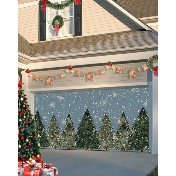 Garage Door Banner Cover 6 x 13 ft, Merry Christmas Snowflake Green Xmas Tree Christmas Garage Door Decorations Holiday Christmas Backdrop Decor for Winter New Year Xmas Party