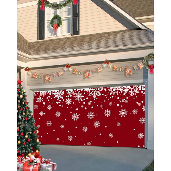 Garage Door Banner Cover 6 x 13 ft, Merry Christmas Snowflakes Polka Dots Red Texture Christmas Garage Door Decorations Holiday Christmas Backdrop Decor for Winter New Year Xmas Party