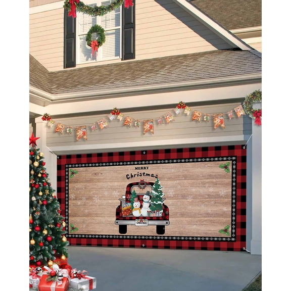 Garage Door Banner Cover 6 x 13 ft, Merry Christmas Truck Carry Snowman Xmas Tree Gifts Retro Wood Board Christmas Garage Door Decorations Holiday Christmas Decor for Winter New Year Xmas Party