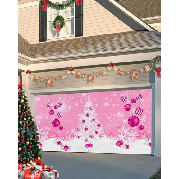 Garage Door Banner Cover 6 x 13 ft, Pink Christmas Ball Winter Snowflake Xmas Tree Christmas Garage Door Decorations Holiday Christmas Backdrop Decor for Winter New Year Xmas Party