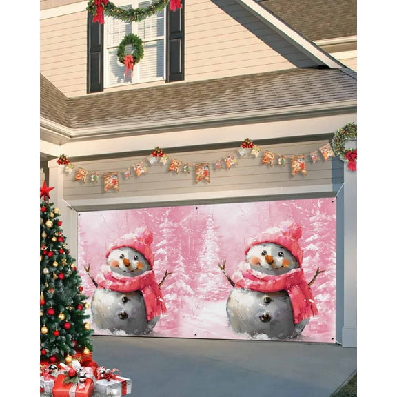 Garage Door Banner Cover 6 x 13 ft, Pink Christmas Cute Pink Hat Snowman Christmas Garage Door Decorations Holiday Christmas Backdrop Decor for Winter New Year Xmas Party
