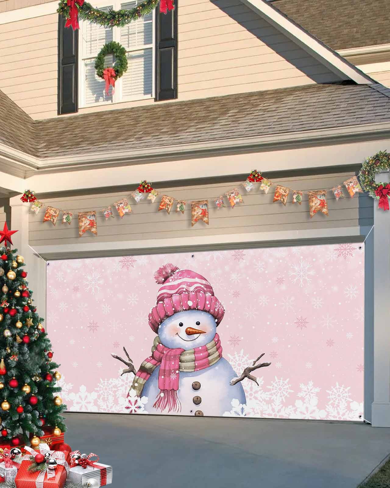 Garage Door Banner Cover 6 x 13 ft, Pink Christmas Snowman with Cap Xmas Tree Snowflake Christmas Garage Door Decorations Holiday Christmas Backdrop Decor for Winter New Year Xmas Party